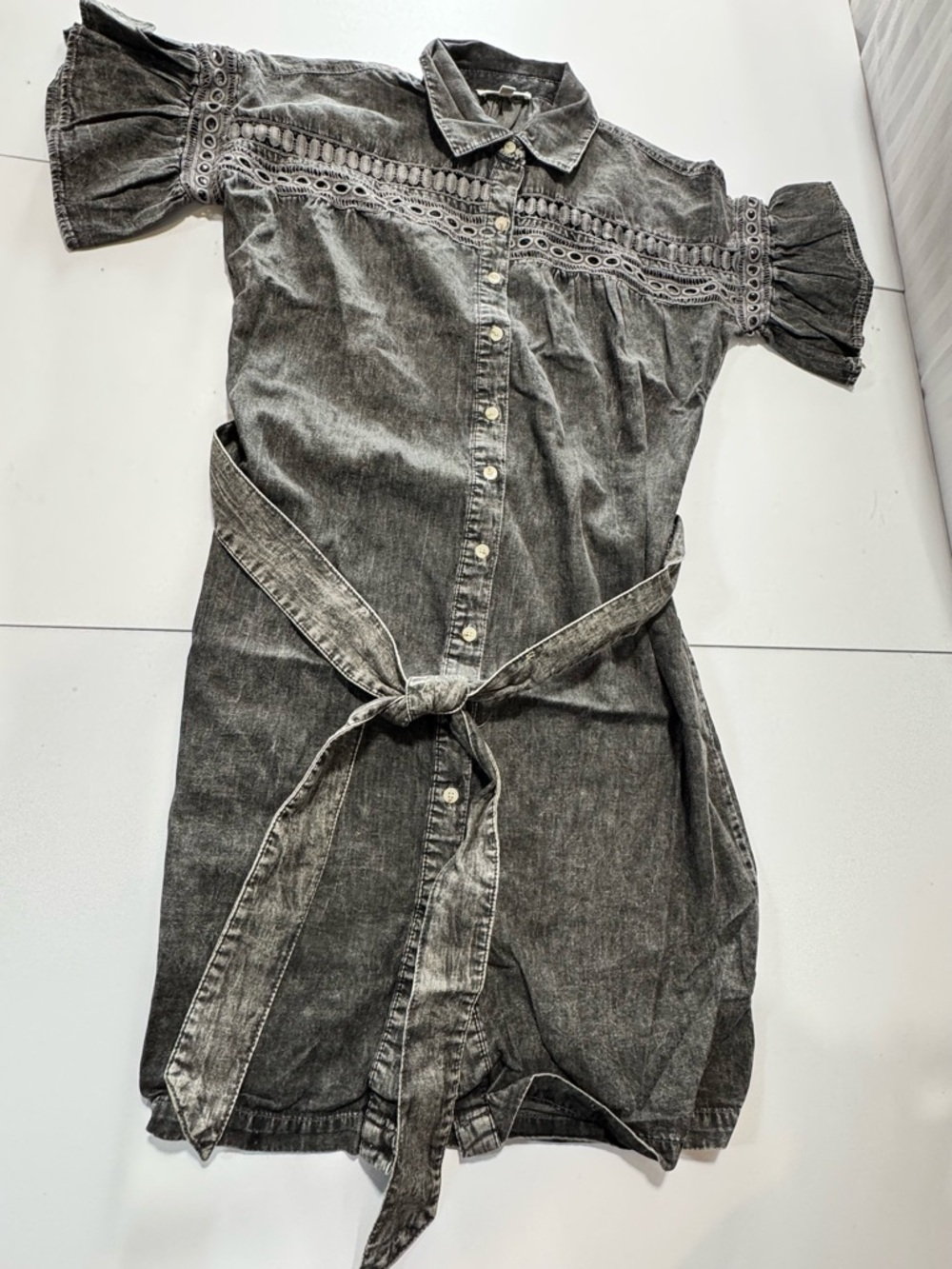 Women's Washed Black Midi Shirt Dress with Tie Belt